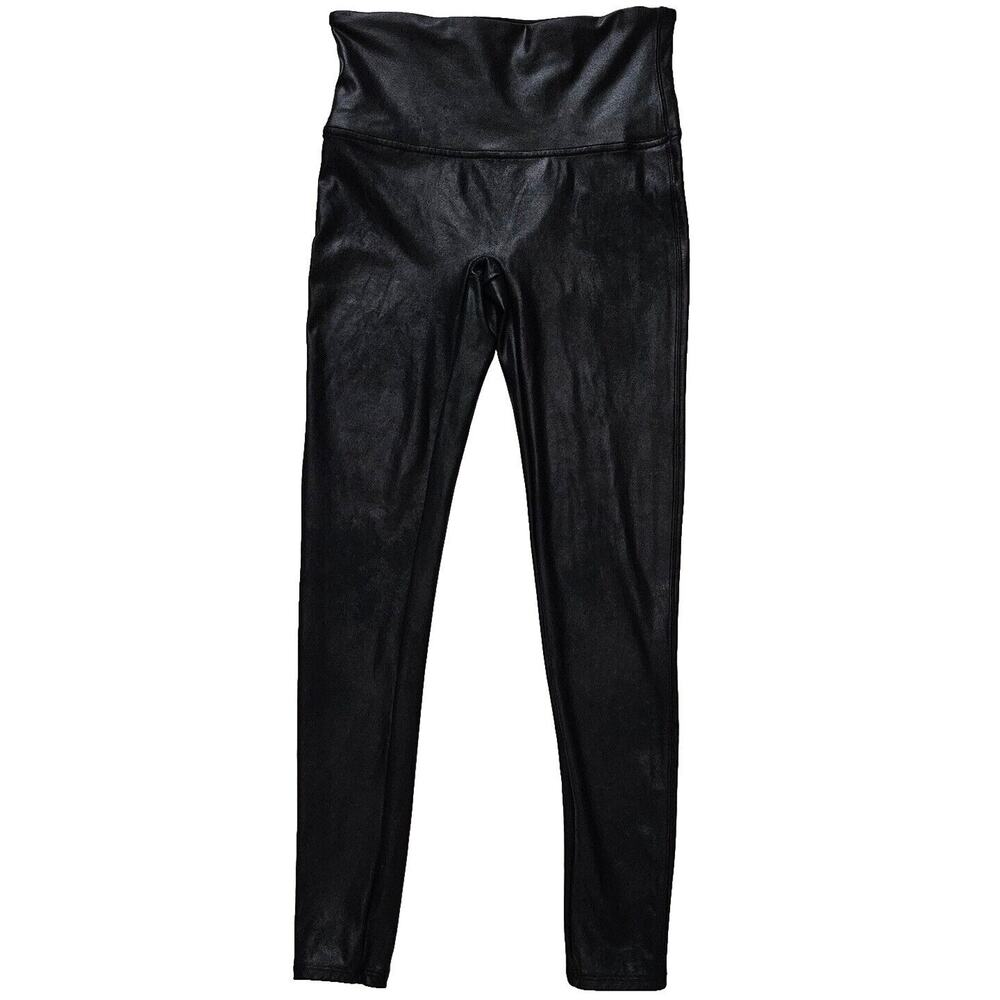 SPANX Women Large Faux Leather Coated Leggings Black Ankle Pants Hi-Rise Shaping